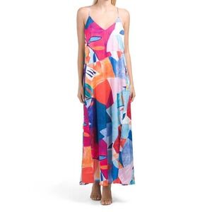 Nicole Miller New York Abstract Geometric Maxi Dress Multi Color V-Neck XS